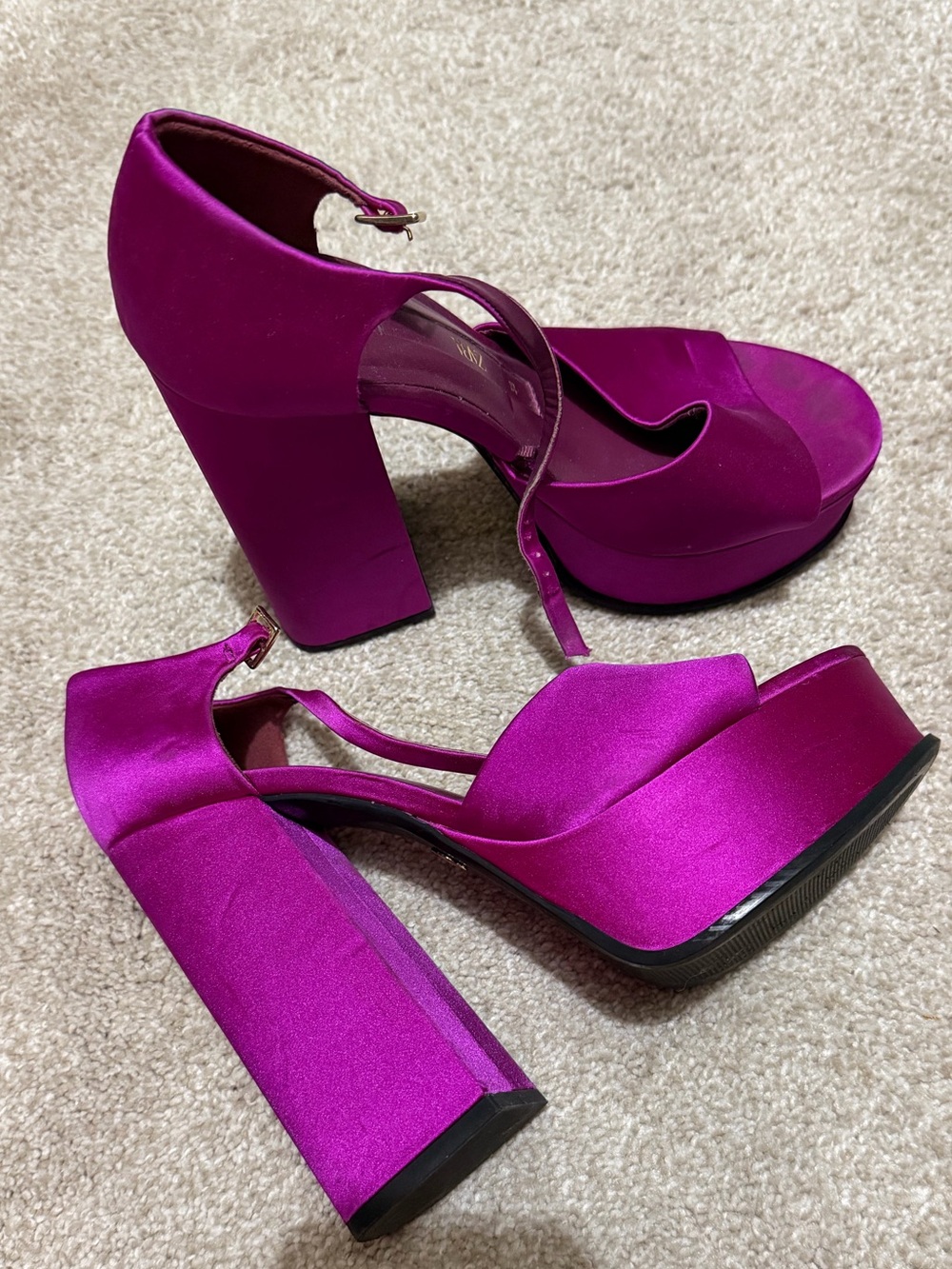 Zara Magenta Satin Platform Block Heel Sandals